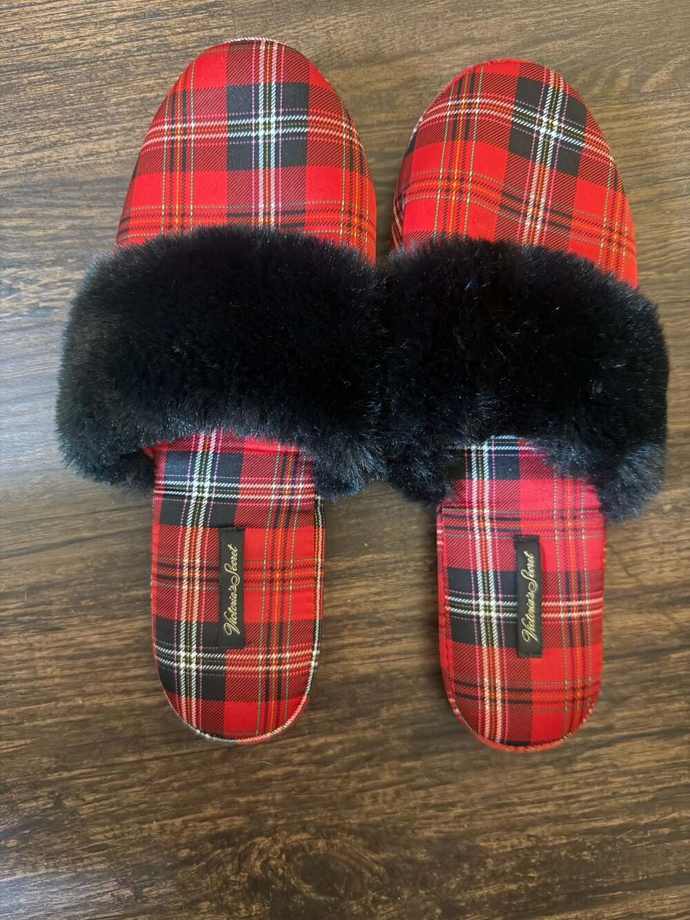 Victoria's Secret Red Black Plaid Satin Slippers with Faux Fur Trim